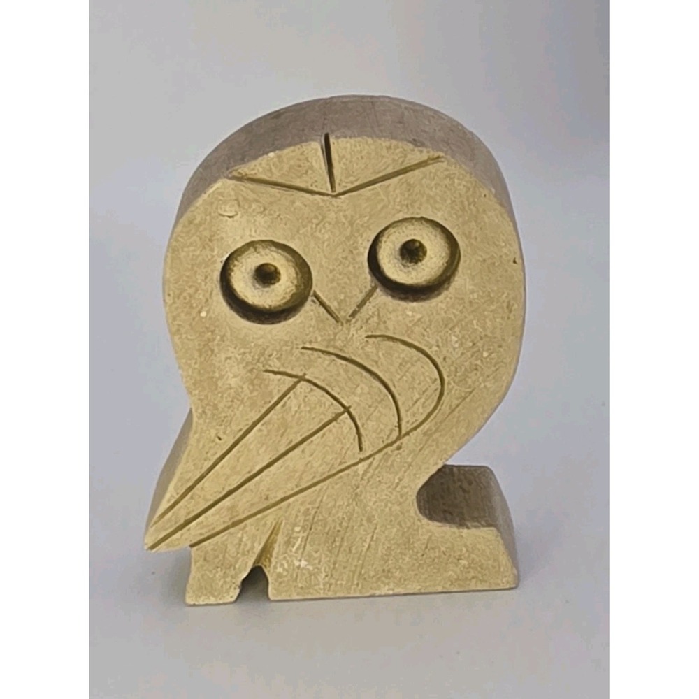 VTG 1977 Hand Carved Stone Owl‎ Sculpture Modernist Abstract Style Signed 3.5"